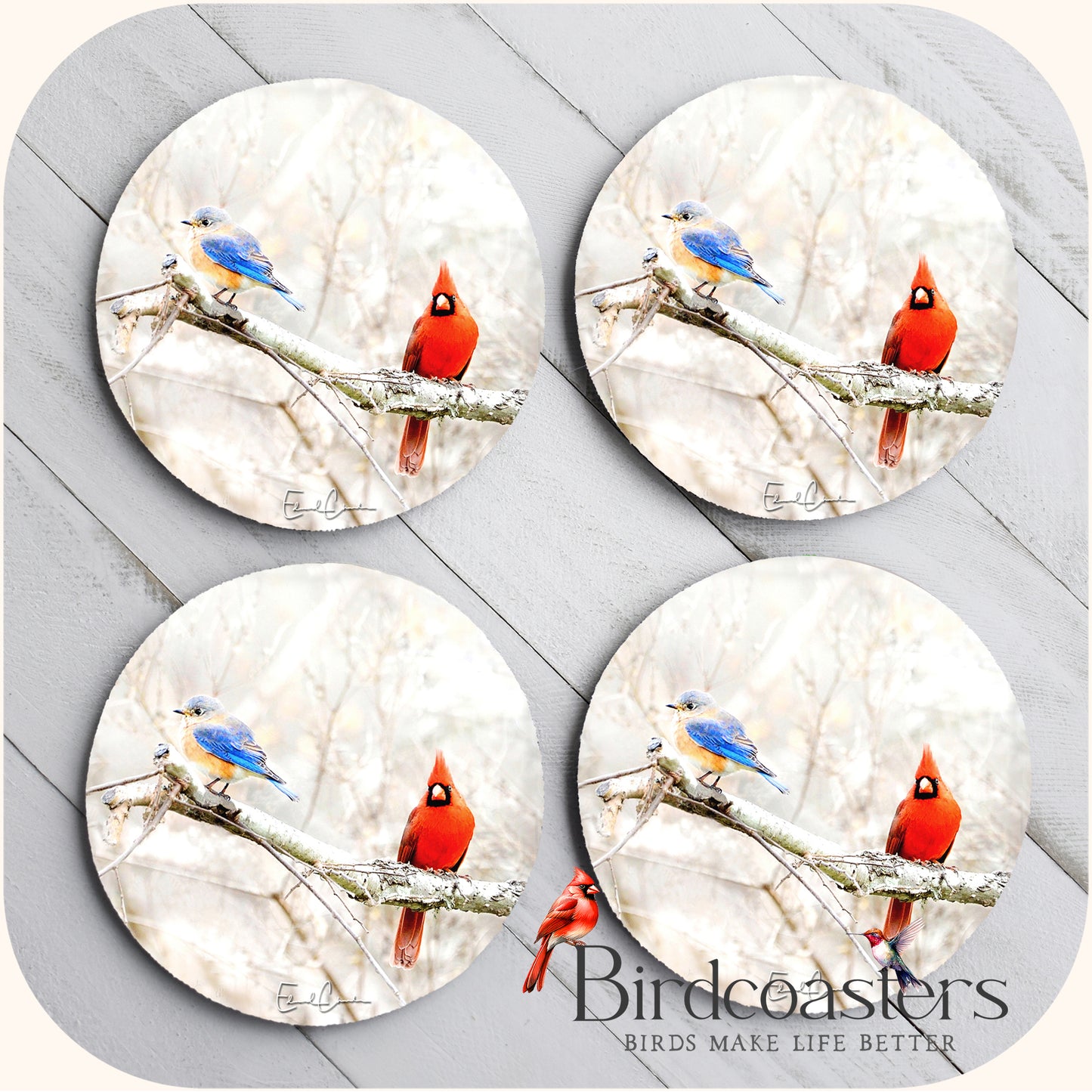 Bluebird and Cardinal - Winter Friends